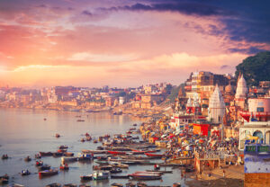 Holy town Varanasi and bank of the Ganges river with ghats