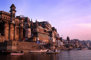 Sunrise in Varanasi brings the ritual morning prayer and washing. Varanasi is one of the holiest cities on the Ganges, the holy river. Many pilgrims come to cleanse their bodies and souls in preparation for the afterlife.