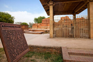 Ruins of Ashoka Pillars at an archaeological site, Sarnath, Varanasi, Uttar Pradesh, India. (Photo by: Exotica.im/Universal Images Group via Getty Images)